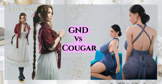 Girl Next Door vs Cougar sex dolls comparison: realistic GND style with braided hair and casual outfit on left, mature cougar style in elegant blue dress on right