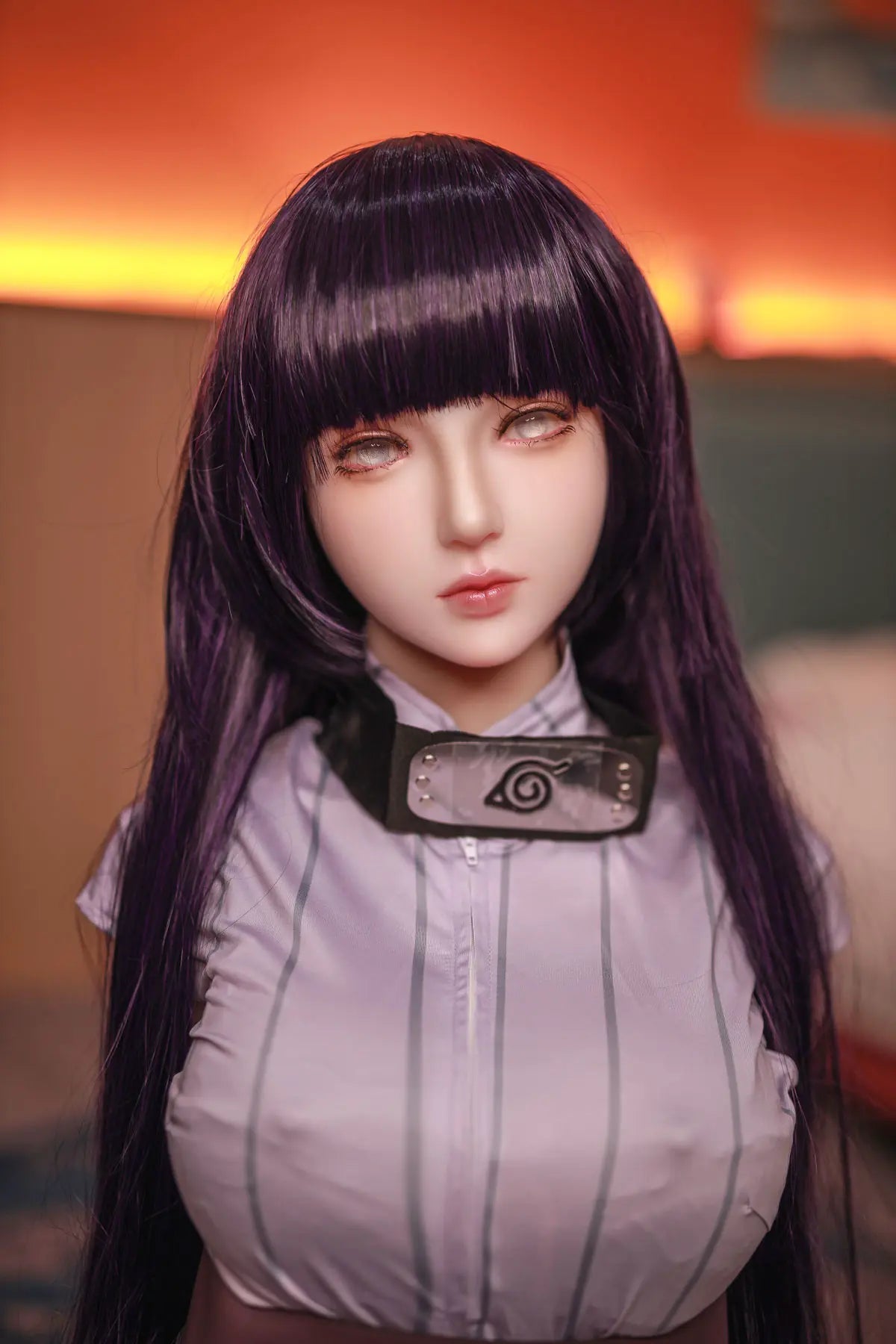 Hinata, Naruto cosplay sex doll,  black straight hair, Leaf Village outfit, half body shot, hands up – anime cosplay sex doll by TopLoveDoll