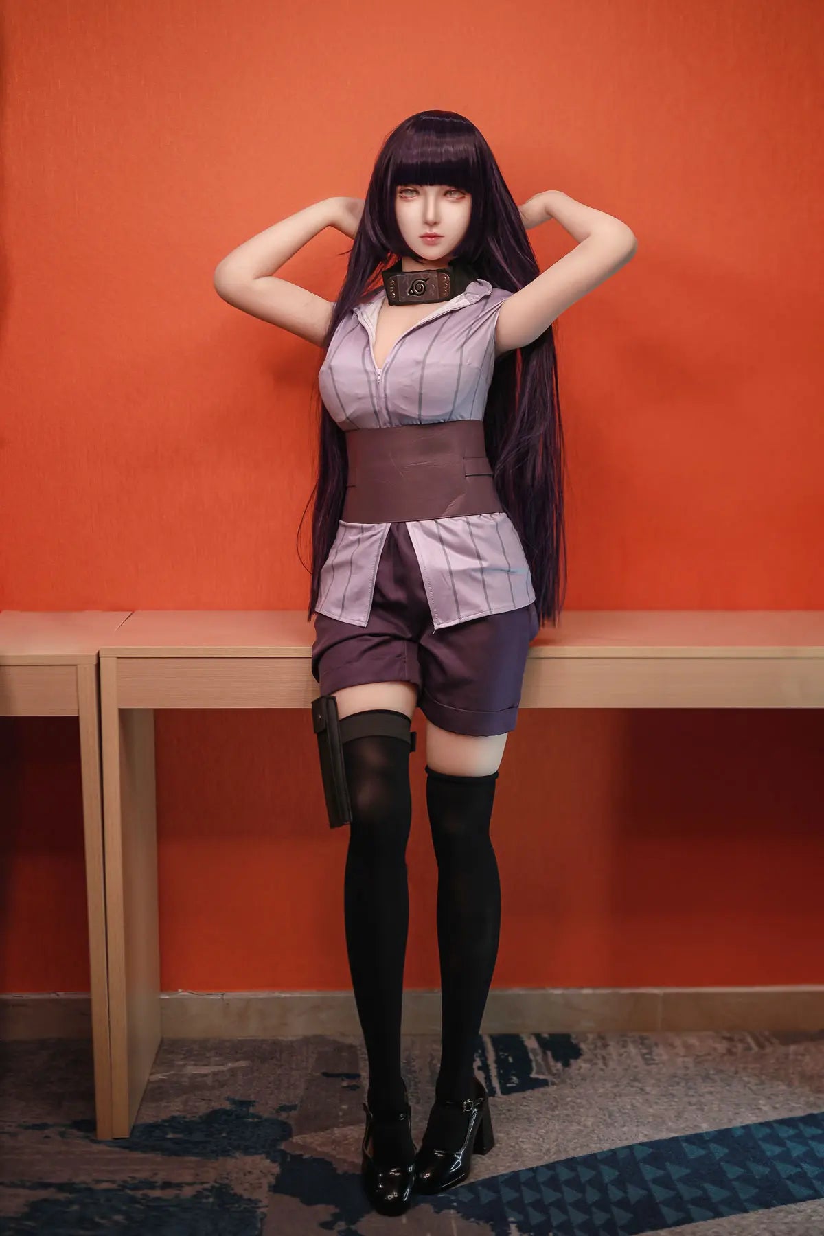 Hinata, Naruto cosplay sex doll,  black straight hair, Leaf Village outfit, full body shot, hands up – anime cosplay sex doll by TopLoveDoll