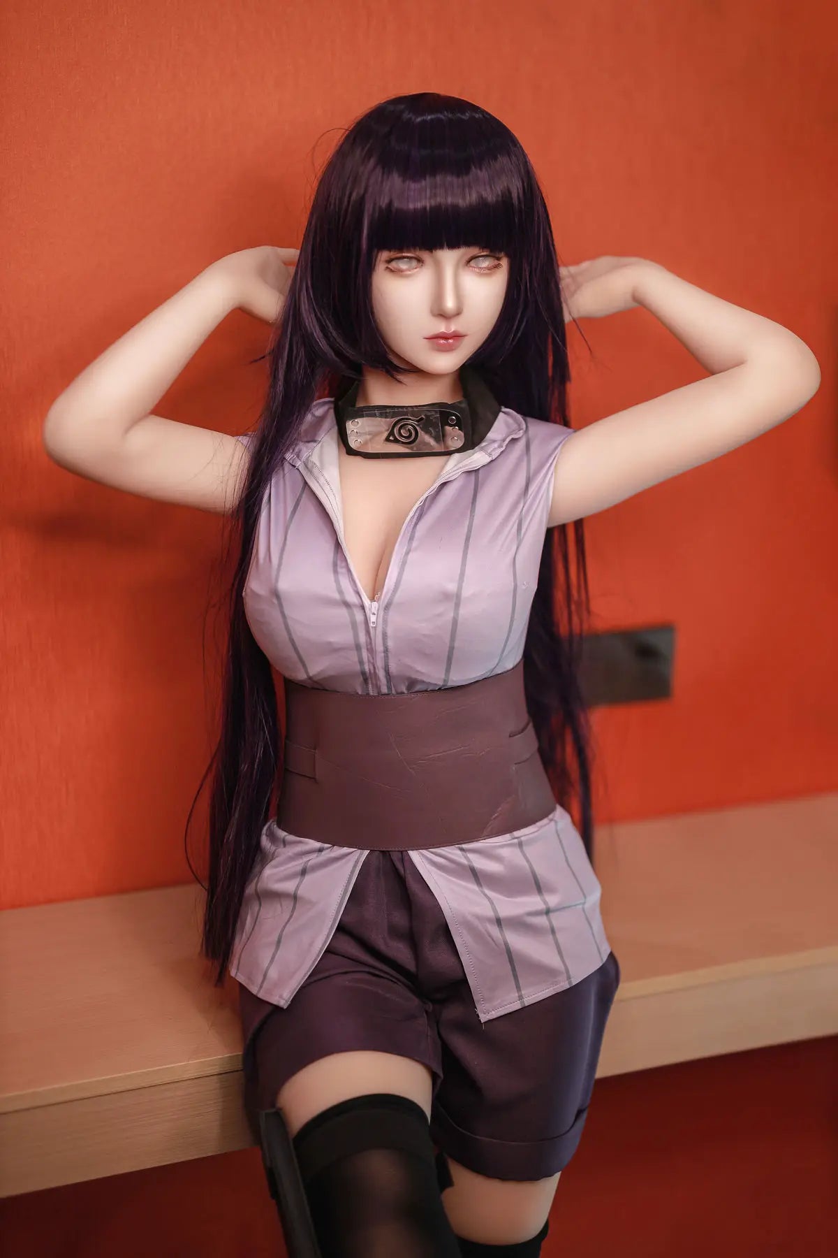 Hinata, Naruto cosplay sex doll,  black straight hair, Leaf Village outfit, half body shot, pearl earring, leaning on a table, hangs up – anime cosplay sex doll by TopLoveDoll