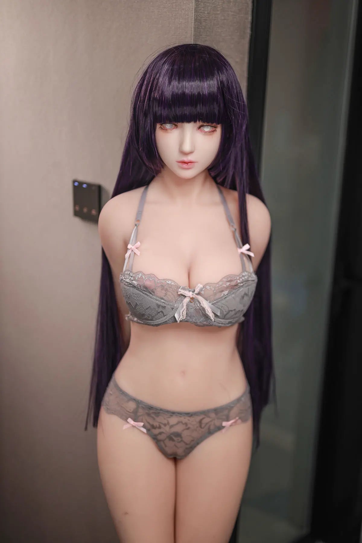 Hinata, Naruto cosplay sex doll,  black straight hair, grey lingerie set, bust shot, black heels, pearl earring, standing at a wall edge, revealing her bra and beautiful curves – anime cosplay sex doll by TopLoveDoll