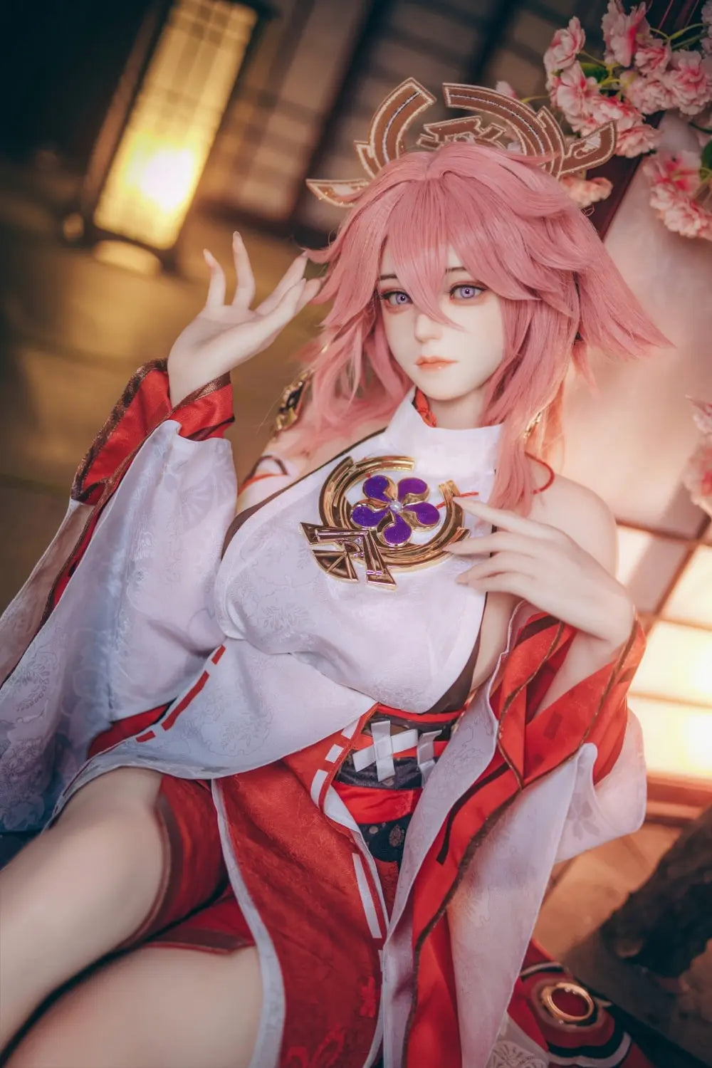  Yae Miko Genshin Impact cosplay sex doll, pink hair, sensual miko outfit, tatami room red cup – anime cosplay lifesize doll by TopLoveDoll,  red bell anklet, wooden geta sandals, Genshin Impact sex doll, sitting on the stairs, legs crossed, holding a J-style red cup, high-angle bust shot, purple eyes