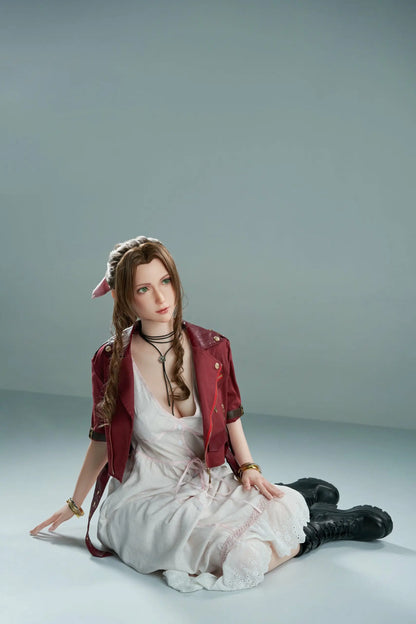 Seyo, brown wavy twin braids, pink hair bow, burgundy leather jacket, white deep-V slip dress, green eyes, sit sideways on the floor, grey studio background – Tifa Lockhart cosplay sex doll by TopLoveDoll