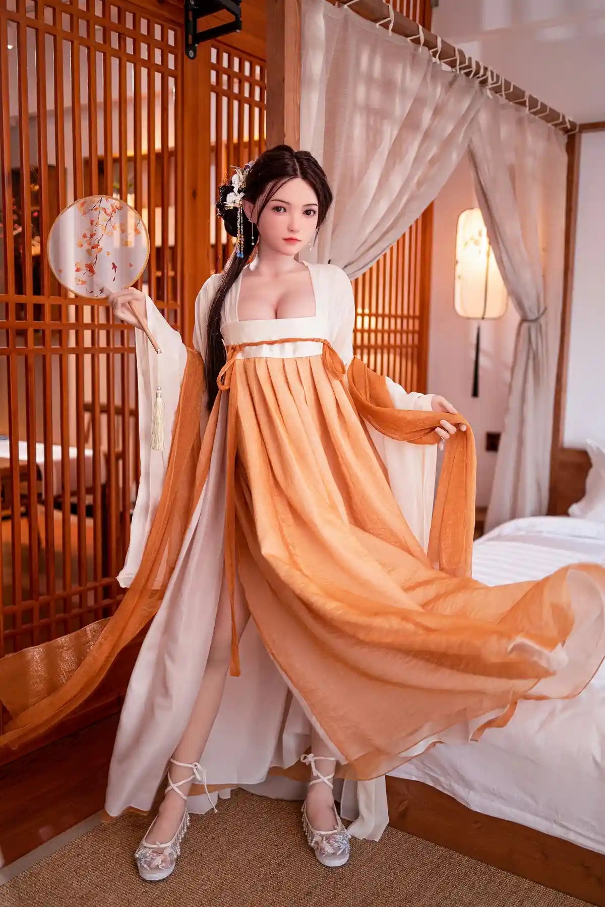 Hoe, multi-height customizable lifelike Asian companion sex doll in elegant orange tang dynasty hanfu dress,  holding a fan, standing, realistic silicone sex doll with long black hair from Toplovedoll.com