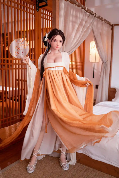 Hoe, multi-height customizable lifelike Asian companion sex doll in elegant orange tang dynasty hanfu dress,  holding a fan, standing, realistic silicone sex doll with long black hair from Toplovedoll.com