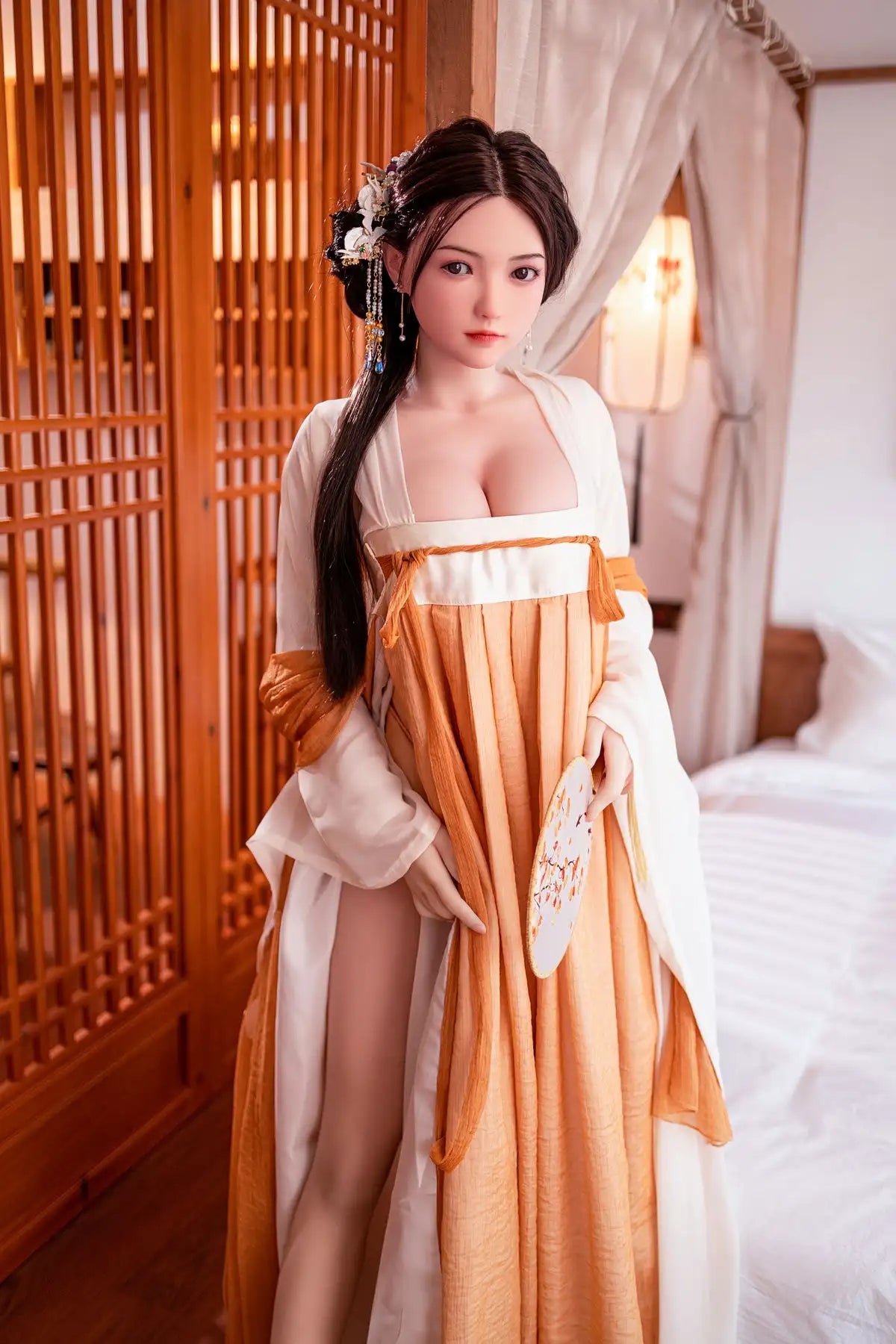 Hoe, multi-height customizable lifelike Asian companion sex doll in elegant orange tang dynasty hanfu dress,  holding a fan, realistic silicone sex doll with long black hair from Toplovedoll.com