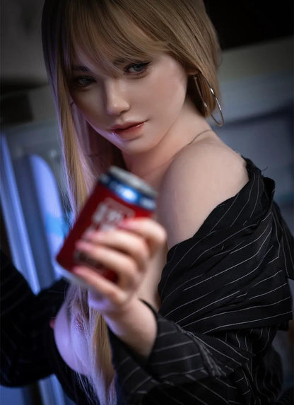 Alaiya, light brown straight hair, black deep-V blazer, open black lace lingerie, black stockings, chubby curvy figure, dark interior, big hoop earrings, taking beverage out from the fridge, close-up, front view, presenting her beautiful curves and one side of her boobs – French chic Fifty Shades inspired European curvy companion sex doll by TopLoveDoll