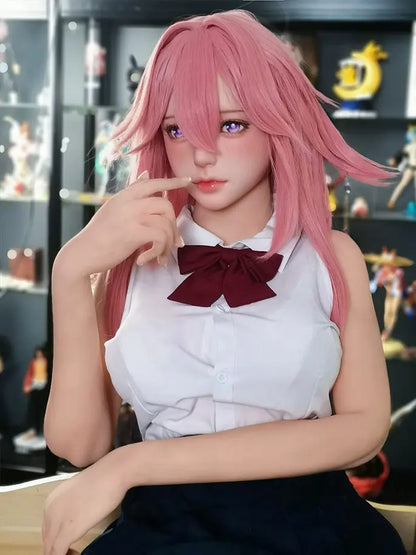 Alanna Yae Miko cosplay sex doll with pink hair and purple eyes in school uniform - Genshin Impact inspired anime BJD by TopLoveDoll