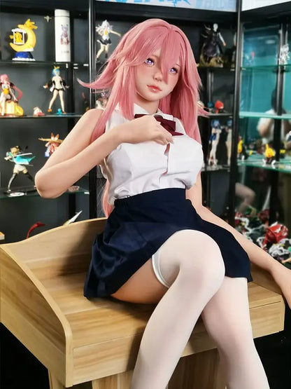 Alanna Yae Miko cosplay BJD sex doll seated pose - Genshin Impact anime companion with pink hair and bow tie
