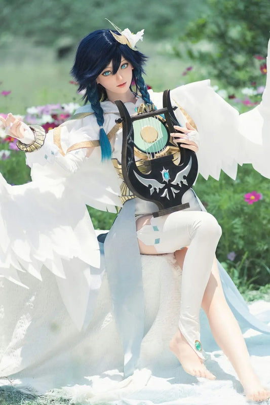 Ven black soft hair white feathered hat green eyes white green bard outfit green bow white feather prop outdoor garden Venti Genshin Impact Anemo Archon – anime cosplay fantasy sex doll by TopLoveDoll