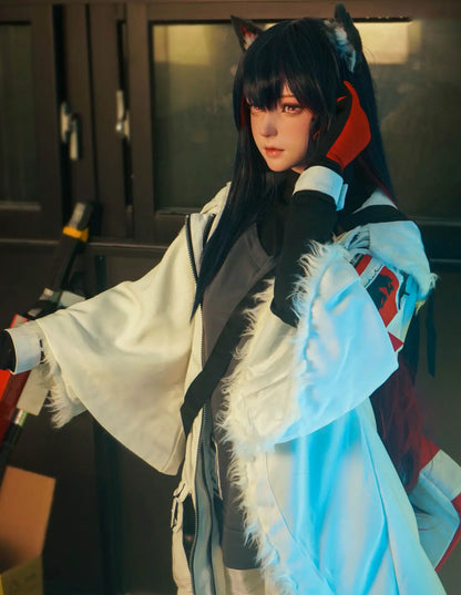 Alaya, black straight long hair, wolf ears, white military coat, black turtleneck, red gloves, orange lance, pink dreamy eyes, blue studio lighting, Texas the Omertosa Winter Messenger Arknights, looking at the distance, listening to something– anime cosplay fantasy sex doll by TopLoveDoll
