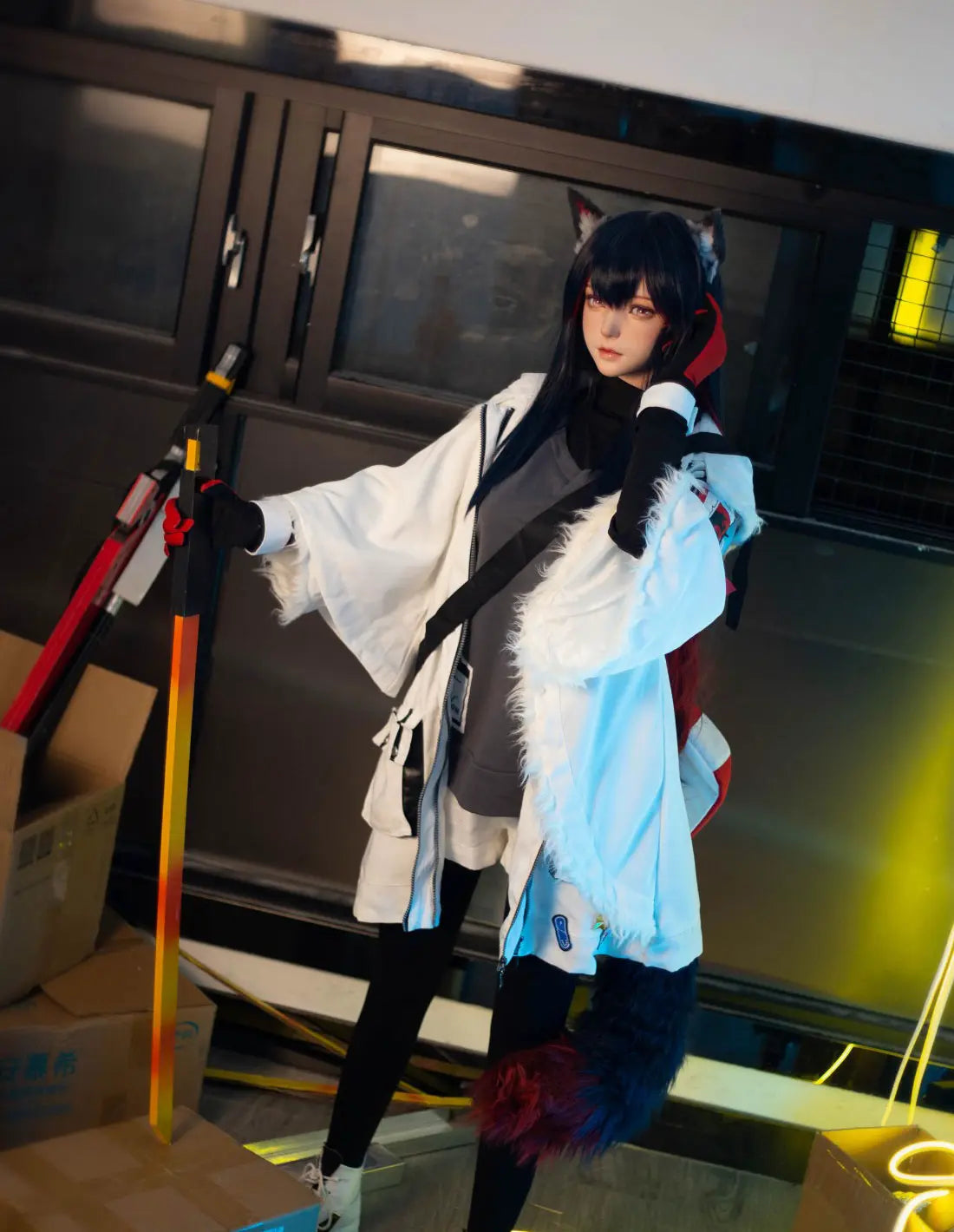 Alaya, black straight long hair, wolf ears, white military coat, black turtleneck, red gloves, orange lance, pink dreamy eyes, blue studio lighting, Texas the Omertosa Winter Messenger Arknights, looking at the distance, listening to something, holding  a weapon, big furry tail, full shot– anime cosplay fantasy sex doll by TopLoveDoll