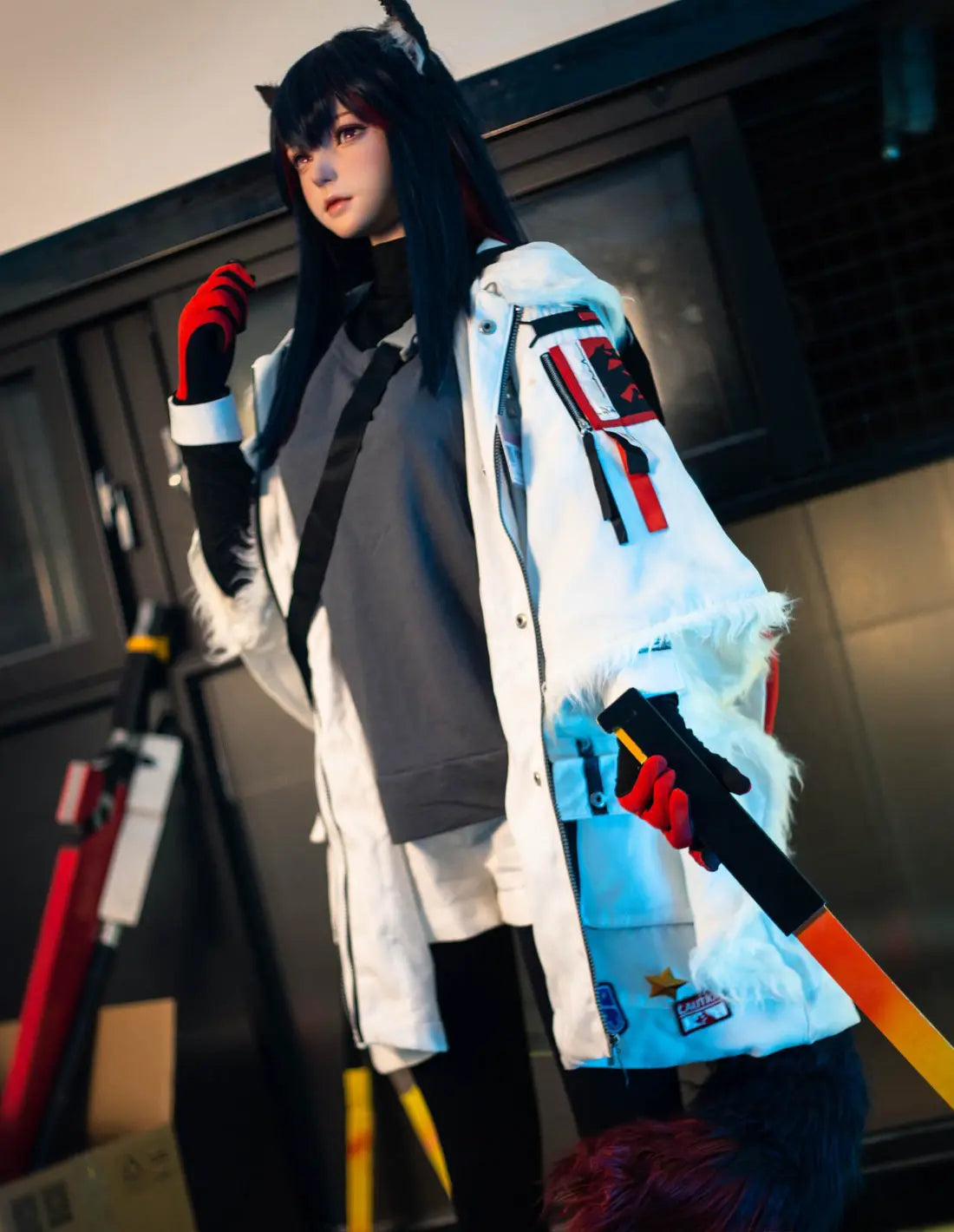Alaya, black straight long hair, wolf ears, white military coat, black turtleneck, red gloves, orange lance, pink dreamy eyes, blue studio lighting, Texas the Omertosa Winter Messenger Arknights, looking at the distance, listening to something, holding  a weapon, big furry tail, full shot– anime cosplay fantasy sex doll by TopLoveDoll