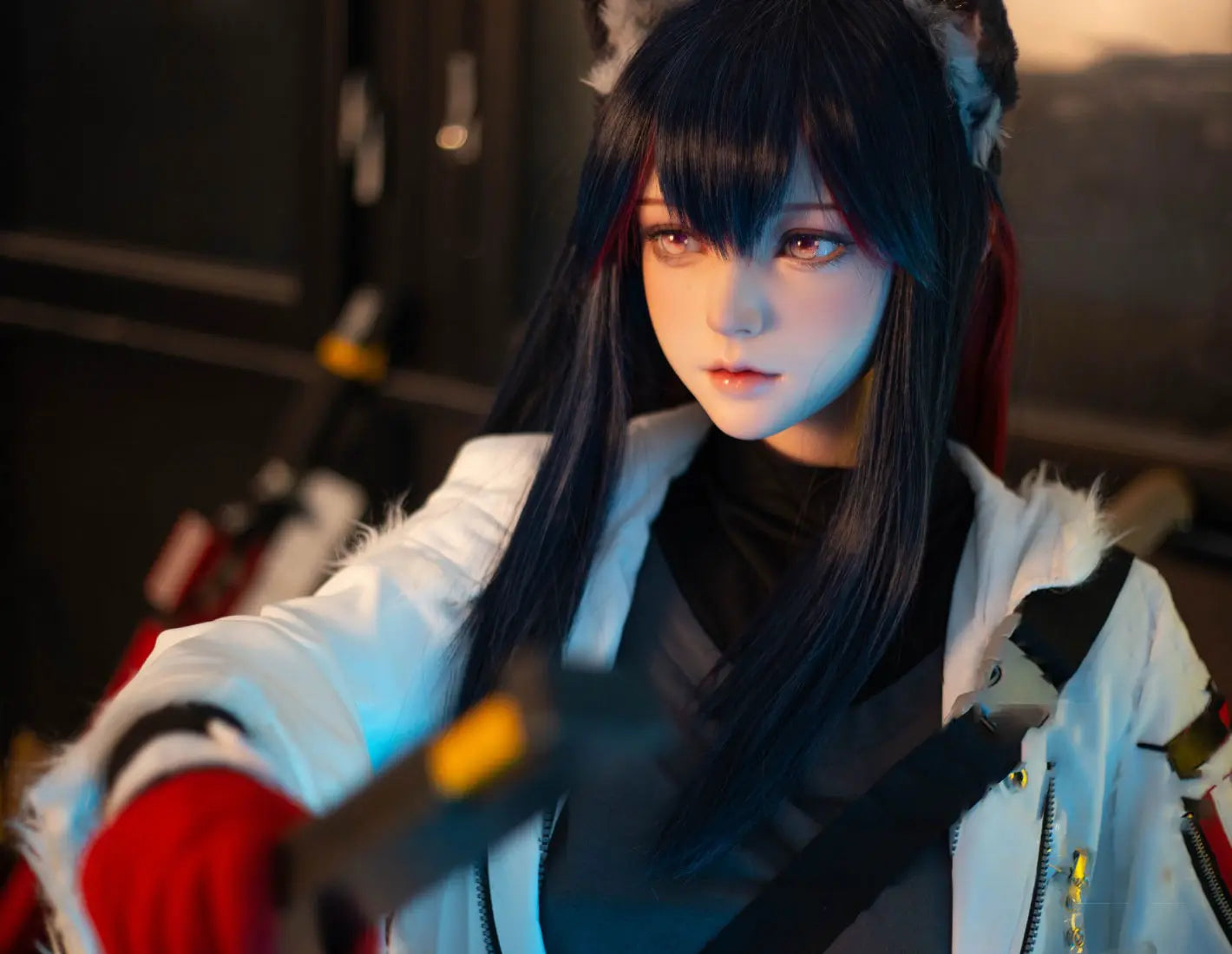 Alaya, black straight long hair, wolf ears, white military coat, black turtleneck, red gloves, orange lance, pink dreamy eyes, blue studio lighting, Texas the Omertosa Winter Messenger Arknights, looking at the distance, listening to something, holding  a weapon, big furry tail, close up, defensive position– anime cosplay fantasy sex doll by TopLoveDoll