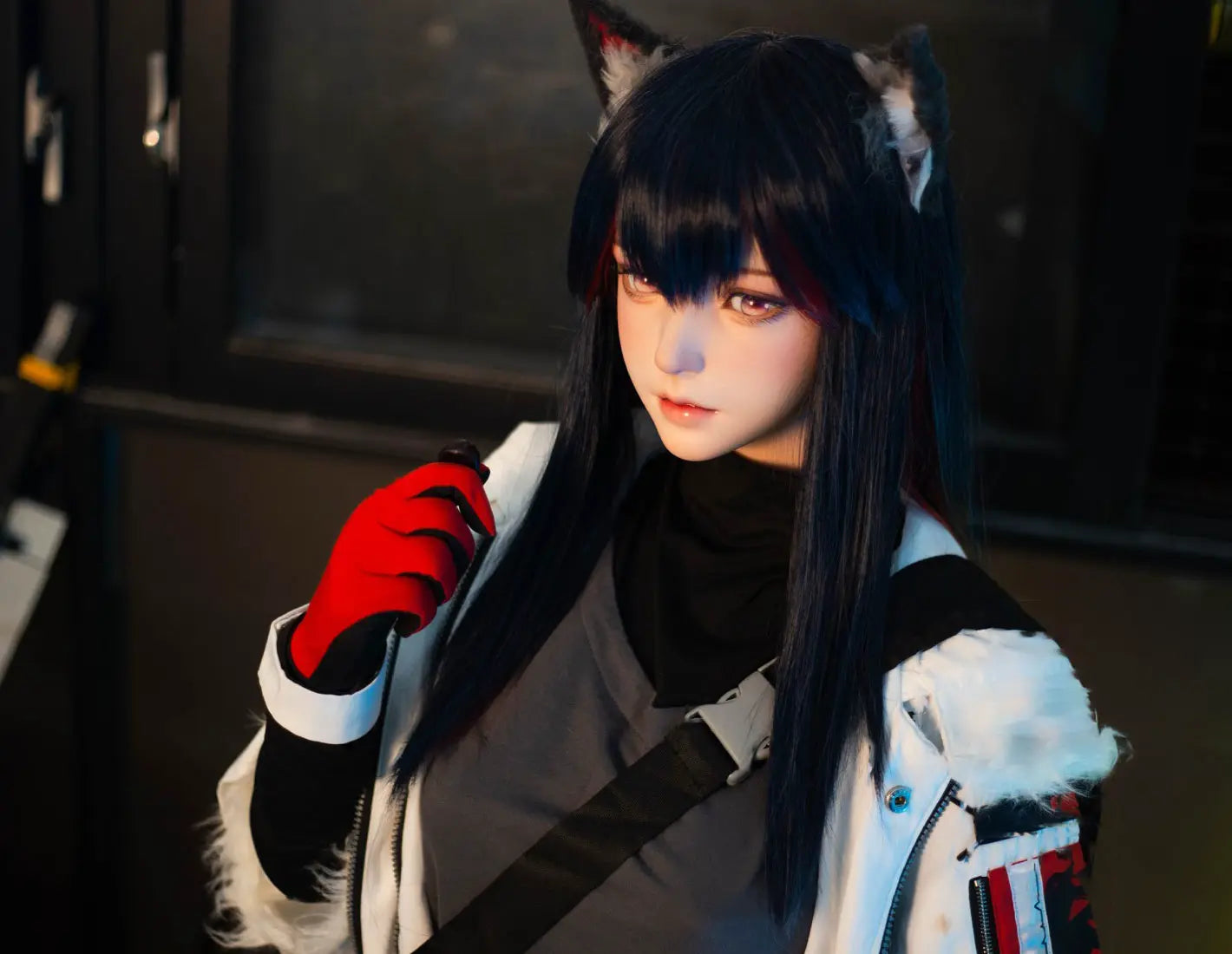 Alaya, black straight long hair, wolf ears, white military coat, black turtleneck, red gloves, orange lance, pink dreamy eyes, blue studio lighting, Texas the Omertosa Winter Messenger Arknights, looking at the distance, listening to something, standing and analyzing something, with both hands filled with something, close up, anime cosplay fantasy sex doll by TopLoveDoll