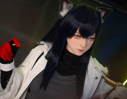 Alaya, black straight long hair, wolf ears, white military coat, black turtleneck, red gloves, orange lance, pink dreamy eyes, blue studio lighting, Texas the Omertosa Winter Messenger Arknights, looking at the distance, eating some finger snacks, anime cosplay fantasy sex doll by TopLoveDoll