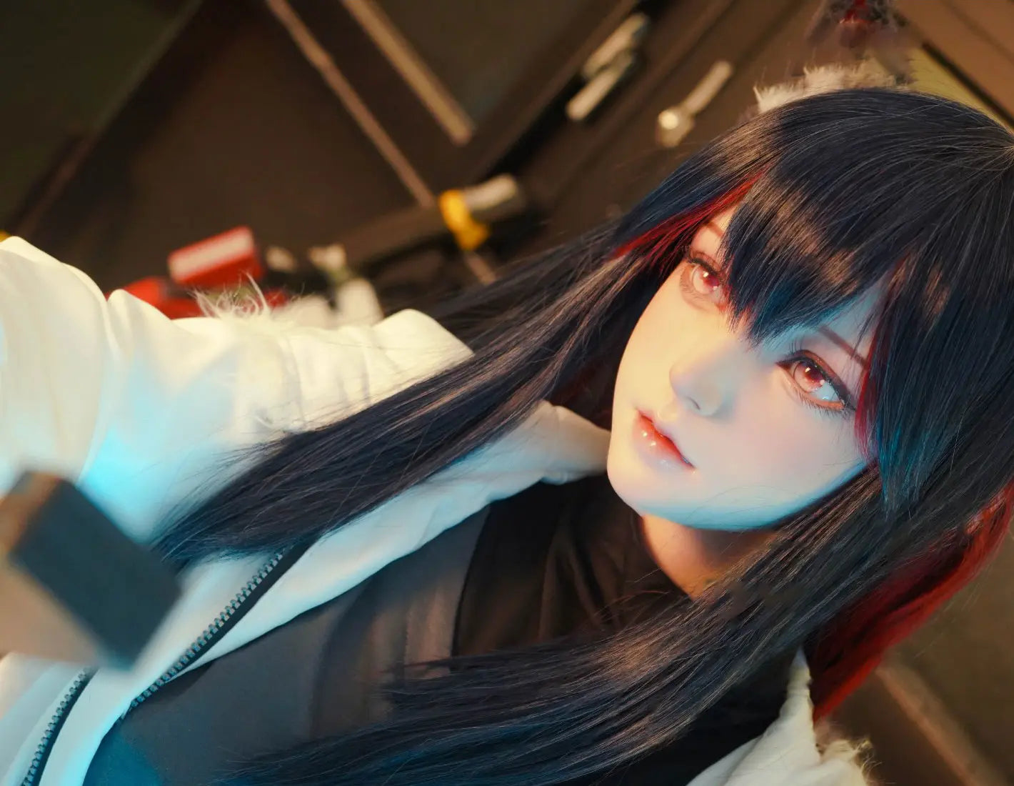 Alaya, black straight long hair, wolf ears, white military coat, black turtleneck, red gloves, orange lance, pink dreamy eyes, blue studio lighting, Texas the Omertosa Winter Messenger Arknights, looking at the distance, face close up, anime cosplay fantasy sex doll by TopLoveDoll