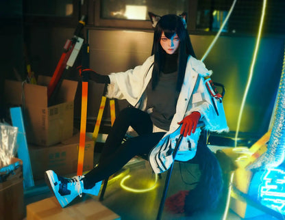 Alaya, black straight long hair, wolf ears, white military coat, black turtleneck, red gloves, orange lance, pink dreamy eyes, blue studio lighting, Texas the Omertosa Winter Messenger Arknights, looking at the distance, sitting on a chair in a warehouse with a lot neon lightning , anime cosplay fantasy sex doll by TopLoveDoll