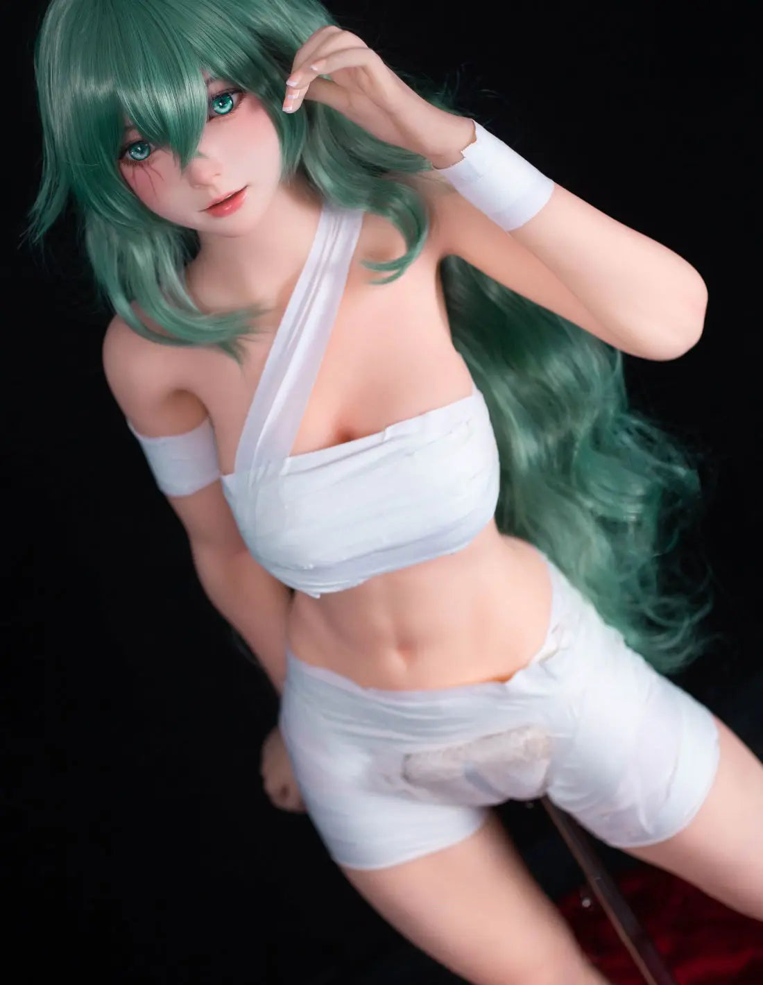 Alayah, green long wavy hair, white crop top, white shorts, dark studio lighting, Takatsuki Sen Eto Tokyo Ghoul, half-human half-ghoul, Standing – anime cosplay fantasy sex doll by TopLoveDoll