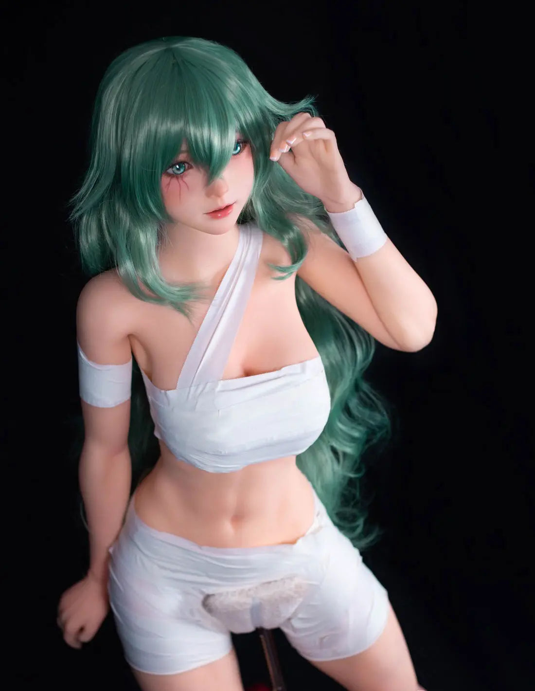 Alayah, green long wavy hair, white crop top, white shorts, dark studio lighting, Takatsuki Sen Eto Tokyo Ghoul, half-human half-ghoul, standing on a red carpet, with a steel doll stand held between the thighs, one red & black ghoul eye, one green human eye, playing with her hair – anime cosplay fantasy sex doll by TopLoveDoll