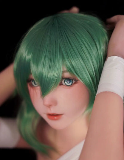 Alayah, green long wavy hair, white crop top, white shorts, dark studio lighting, Takatsuki Sen Eto Tokyo Ghoul, half-human half-ghoul, standing on a red carpet, with a steel doll stand held between the thighs, one red & black ghoul eye, one green human eye, face close-up, hands behind head – anime cosplay fantasy sex doll by TopLoveDoll