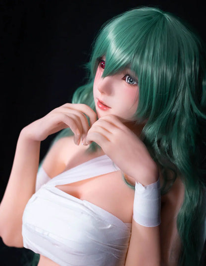 Alayah, green long wavy hair, white crop top, white shorts, dark studio lighting, Takatsuki Sen Eto Tokyo Ghoul, half-human half-ghoul, standing on a red carpet, with a steel doll stand held between the thighs, one red & black ghoul eye, one green human eye, doing the heart gesture – anime cosplay fantasy sex doll by TopLoveDoll