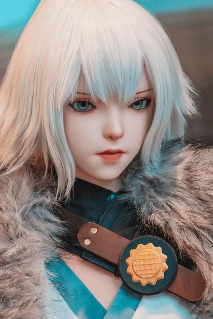 Alejandra white short hair teal leather combat armor fur collar leg bindings Bai Yue Kui Ling Cage apocalypse queen – Chinese anime cosplay fantasy sex doll by TopLoveDoll