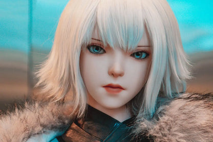 Alejandra, white short hair, teal leather combat armor, fur collar, leg bindings, Bai Yue Kui Ling Cage apocalypse queen, looking away, holding her weapon, sitting on a leather wooden sofa chair, brown leather boots, face close-up – Chinese anime cosplay fantasy sex doll by TopLoveDoll