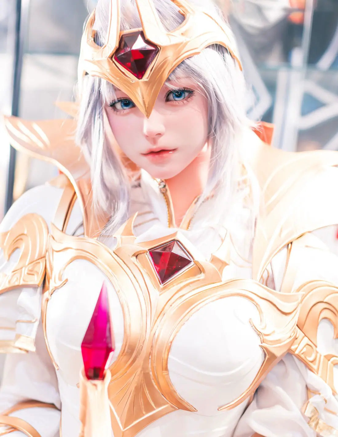 Alena, silver-white long hair, gold crescent crown, white gold imperial armor, blue gold skirt, Diana Lunar Goddess Prestige Emperor skin, high-contrast filter – League of Legends cosplay fantasy sex doll by TopLoveDoll