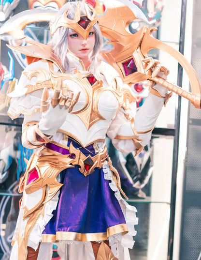 Alena, silver-white long hair, gold ruby crescent crown, white gold imperial armor, blue gold skirt, Diana Lunar Goddess Prestige Emperor skin, high-contrast filter, looking at the camra – League of Legends cosplay fantasy sex doll by TopLoveDoll
