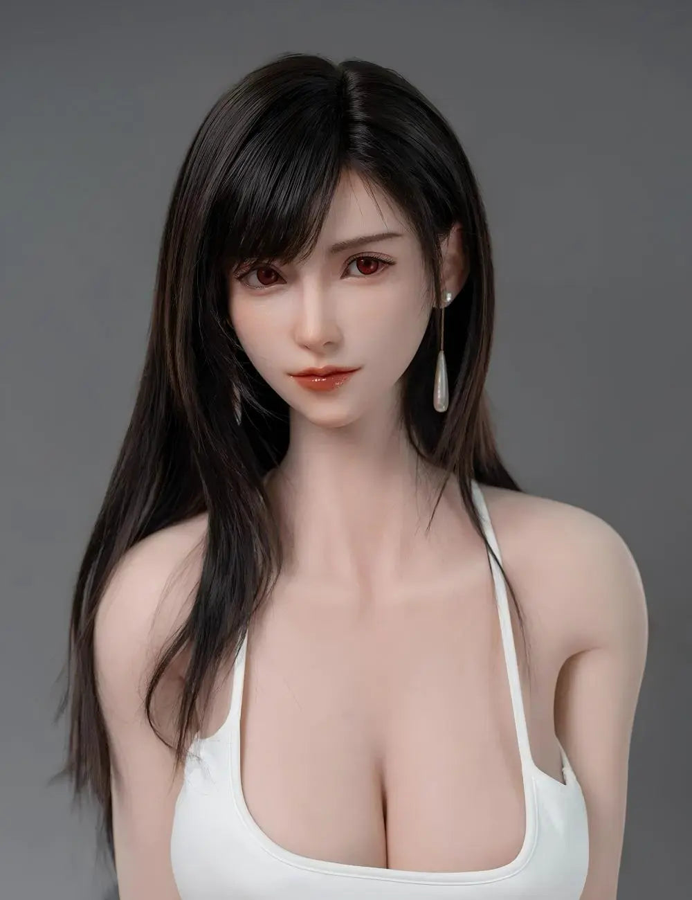 Alessandra, black straight long hair, pearl pendant earrings, white strap crop top, white hot pants, black combat gloves, black leather belt, Tifa Lockhart FF7 Remake cosplay, breast-level shot, – anime gaming companion sex doll by TopLoveDoll