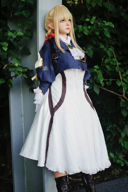 Aliana, golden straight long hair, navy Auto Memory Doll uniform, white apron, black leather boots, outdoor, green trees – Violet Evergarden cosplay anime sex doll by TopLoveDoll