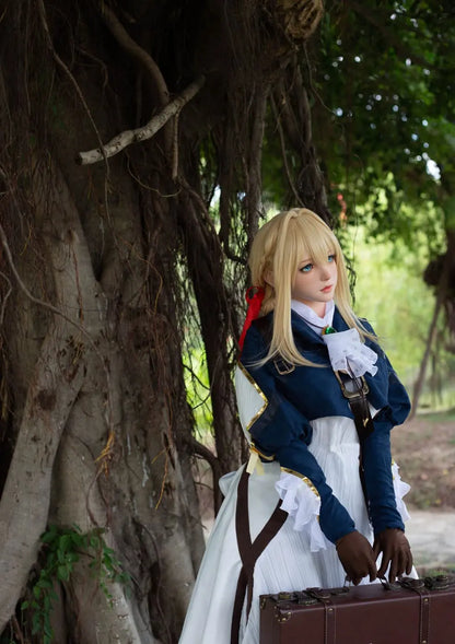 Aliana, golden straight long hair, blue eyes, navy Auto Memory Doll uniform, white apron, black leather boots, outdoor, green trees, standing, brown gloves, holding a brown leather suitcase, eye-level shot, bust shot, side view – Violet Evergarden cosplay anime sex doll by TopLoveDoll