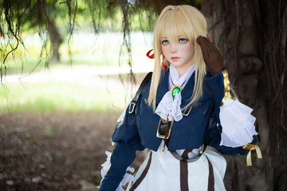 Aliana, golden straight long hair, blue eyes, navy Auto Memory Doll uniform, white apron, black leather boots, outdoor, standing under a huge tree with a lot of vines and green leaves, brown gloves, holding a brown leather suitcase, eye-level shot ,bust shot, 45-degree view, look away, doing the salute gesture, horizontal profile – Violet Evergarden cosplay anime sex doll by TopLoveDoll
