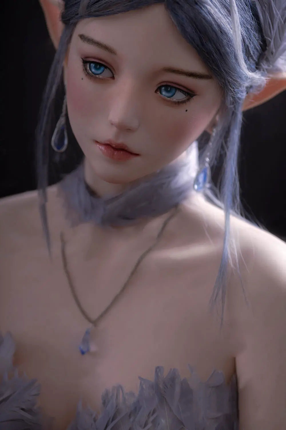 Alisha silver-blue hair pointed ears floral tulle gown fantasy pose – lavender elf fantasy sex doll by TopLoveDoll