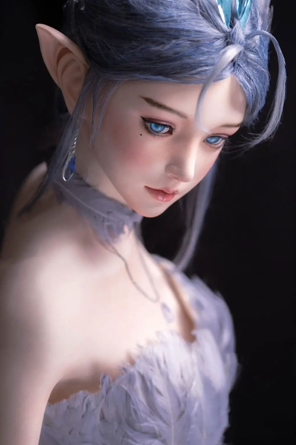 Alisha silver-blue hair, pointed ears, floral tulle gown, fantasy pose – lavender elf fantasy sex doll by TopLoveDoll