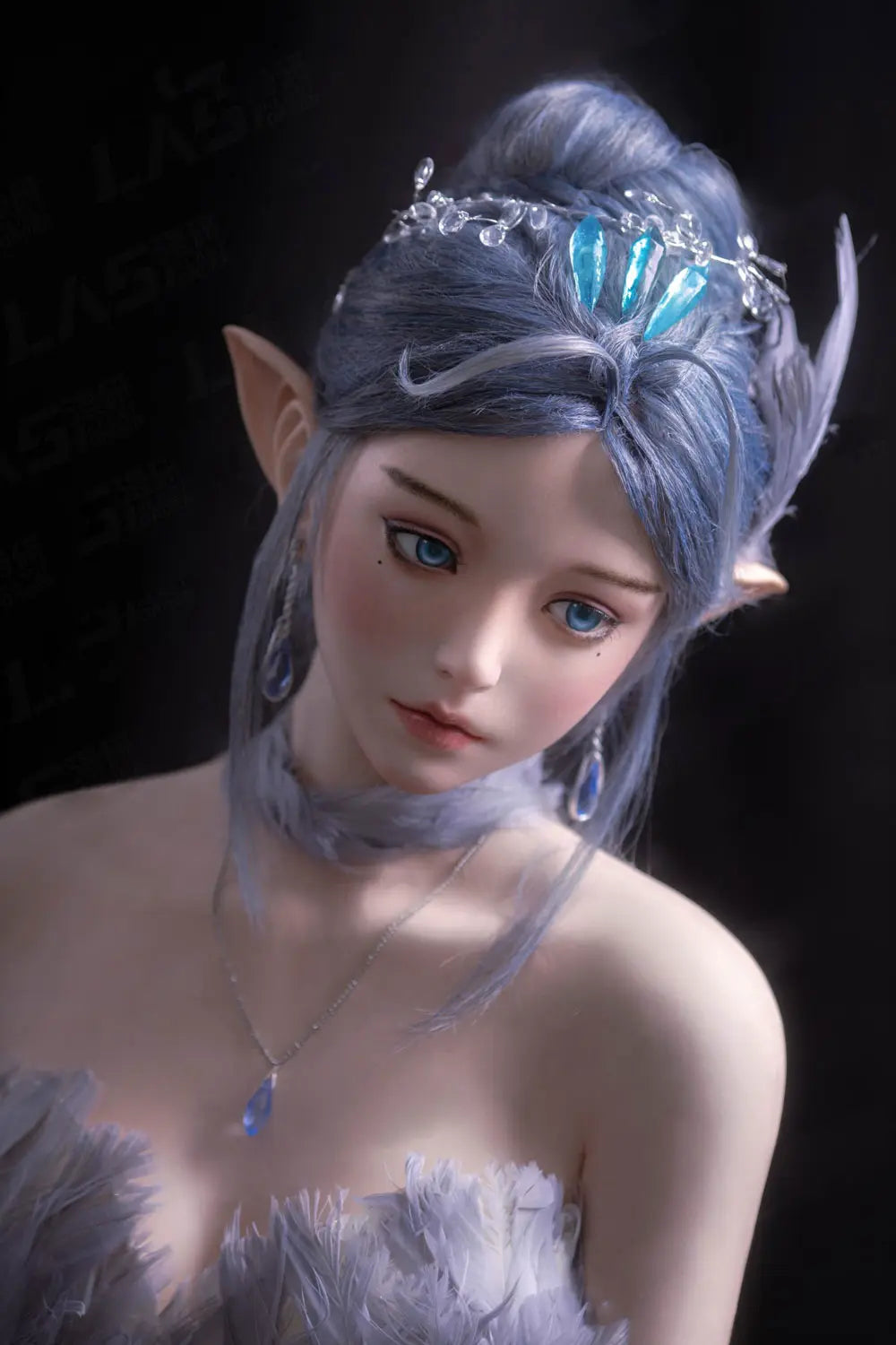Alisha silver-blue hair, pointed ears, floral tulle gown, fantasy pose, bust shot – lavender elf fantasy sex doll by TopLoveDoll