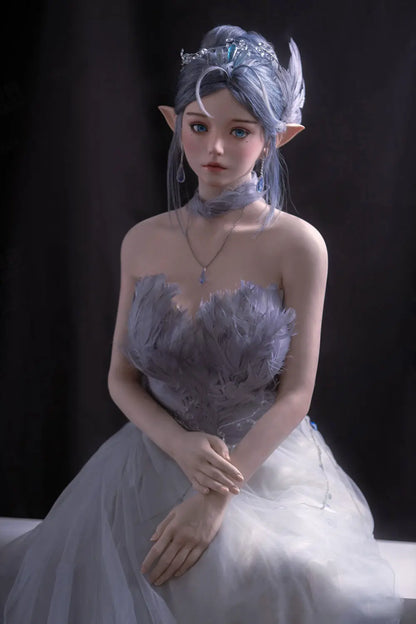 Alisha silver-blue hair, porcelain skin, pointed ears, floral tulle gown, fantasy pose, three-quarter shot, sitting– lavender elf fantasy sex doll by TopLoveDoll