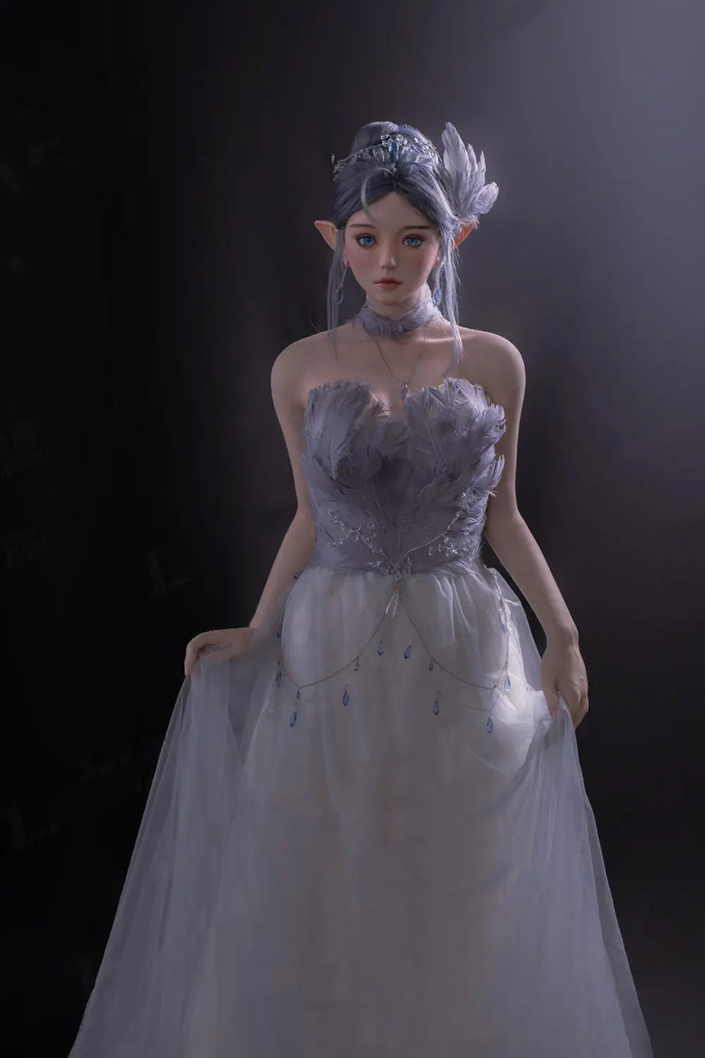 Alisha silver-blue hair, porcelain skin, pointed ears, floral tulle and feather gown, fantasy pose, three-quarter shot, sitting– lavender elf fantasy sex doll by TopLoveDoll
