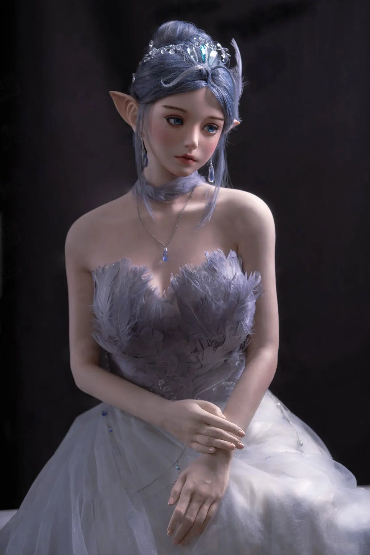 Alisha silver-blue hair, porcelain skin, pointed ears, floral tulle and feather gown, fantasy pose, three-quarter shot, standing, front view, look away from the camera– lavender elf fantasy sex doll by TopLoveDoll