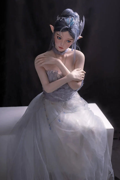 Alisha silver-blue hair, porcelain skin, pointed ears, floral tulle and feather gown, fantasy pose, three-quarter shot, sitting and holding her arms, front view, looking down– lavender elf fantasy sex doll by TopLoveDoll