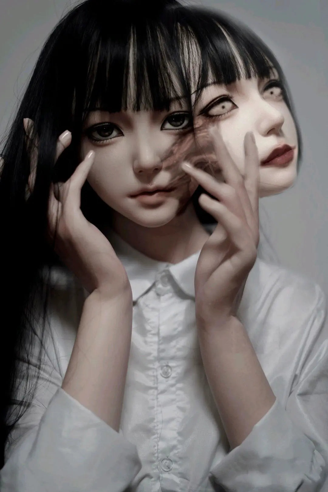 Alana black straight long hair white shirt black JK pinafore dress crimson bow white mask high contrast, taking off the ghostish mask – Tomie Junji Ito inspired horror beauty anime sex doll by TopLoveDoll