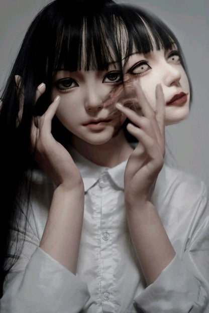 Alana black straight long hair white shirt black JK pinafore dress crimson bow white mask high contrast, taking off the ghostish mask – Tomie Junji Ito inspired horror beauty anime sex doll by TopLoveDoll