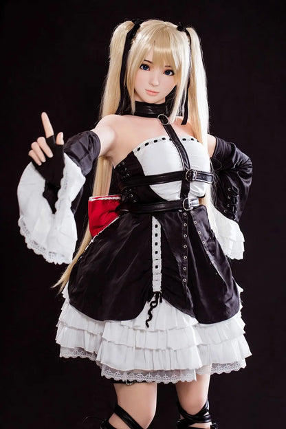 Alison blonde twin tails, black and white maid outfit, cosplay pose, dark background, standing and pointing her fingers up – Marie Rose cosplay sex doll by TopLoveDoll