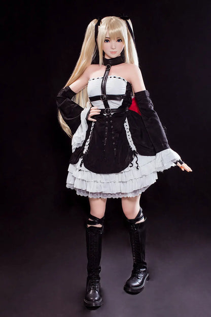 Alison blonde twin tails, black and white maid outfit, cosplay pose, dark background, standing and one hand at the waist – Marie Rose cosplay sex doll by TopLoveDoll
