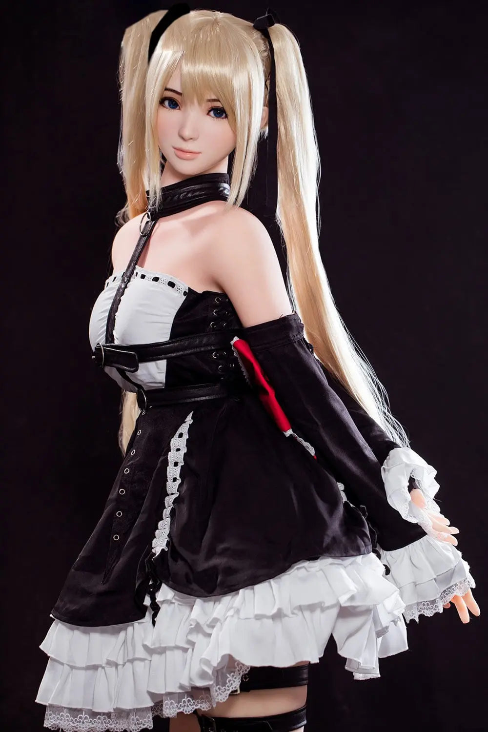 Alison blonde twin tails, black and white maid outfit, cosplay pose, dark background, standing, side view, bust shot – Marie Rose cosplay sex doll by TopLoveDoll