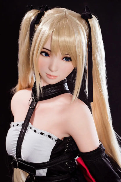 Alison blonde twin tails, black and white maid outfit, cosplay pose, dark background, w-shape sitting, face close-up – Marie Rose cosplay sex doll by TopLoveDoll