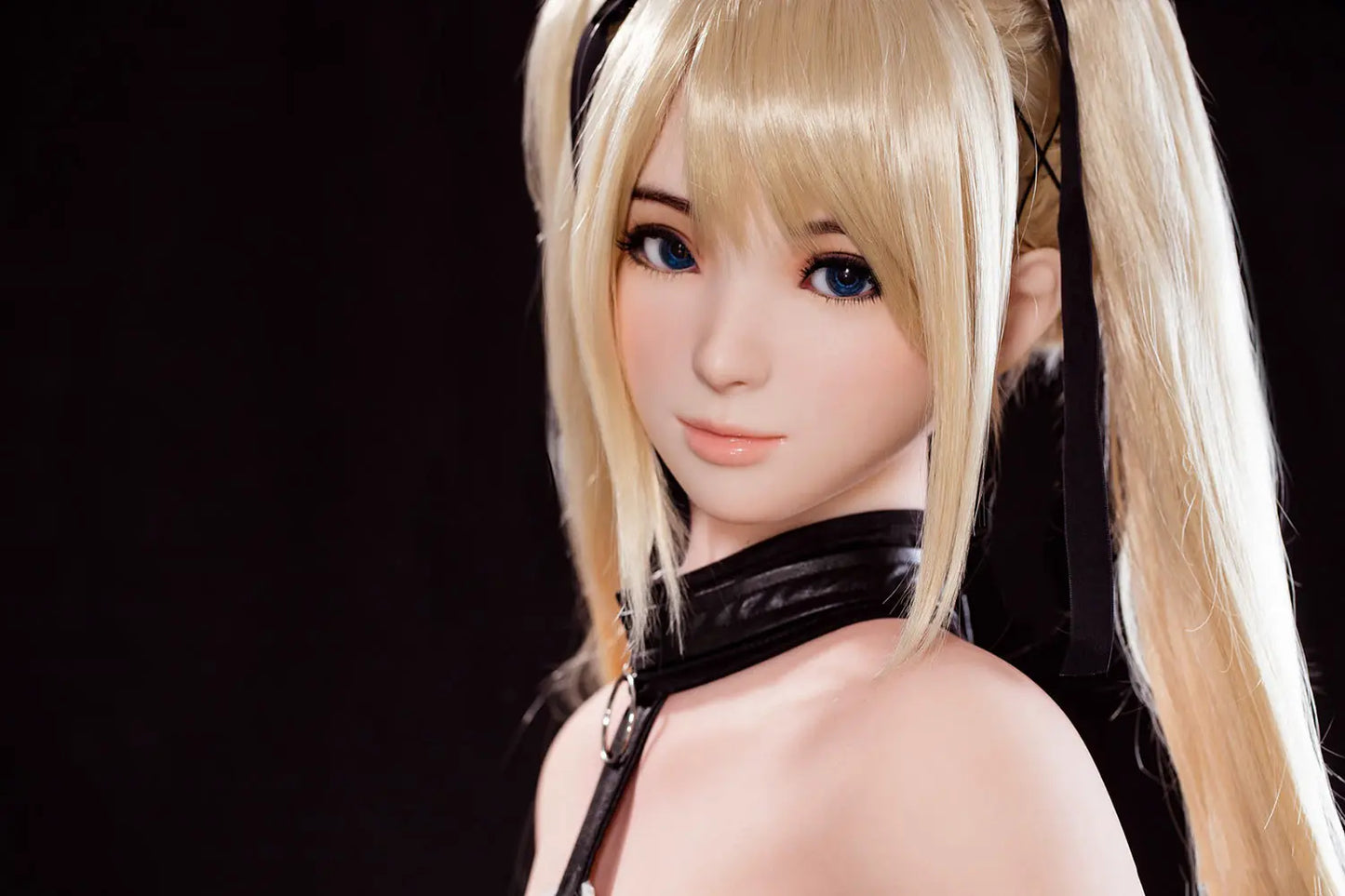 Alison blonde twin tails, black and white maid outfit, cosplay pose, dark background, w-shape sitting, closer face close-up – Marie Rose cosplay sex doll by TopLoveDoll