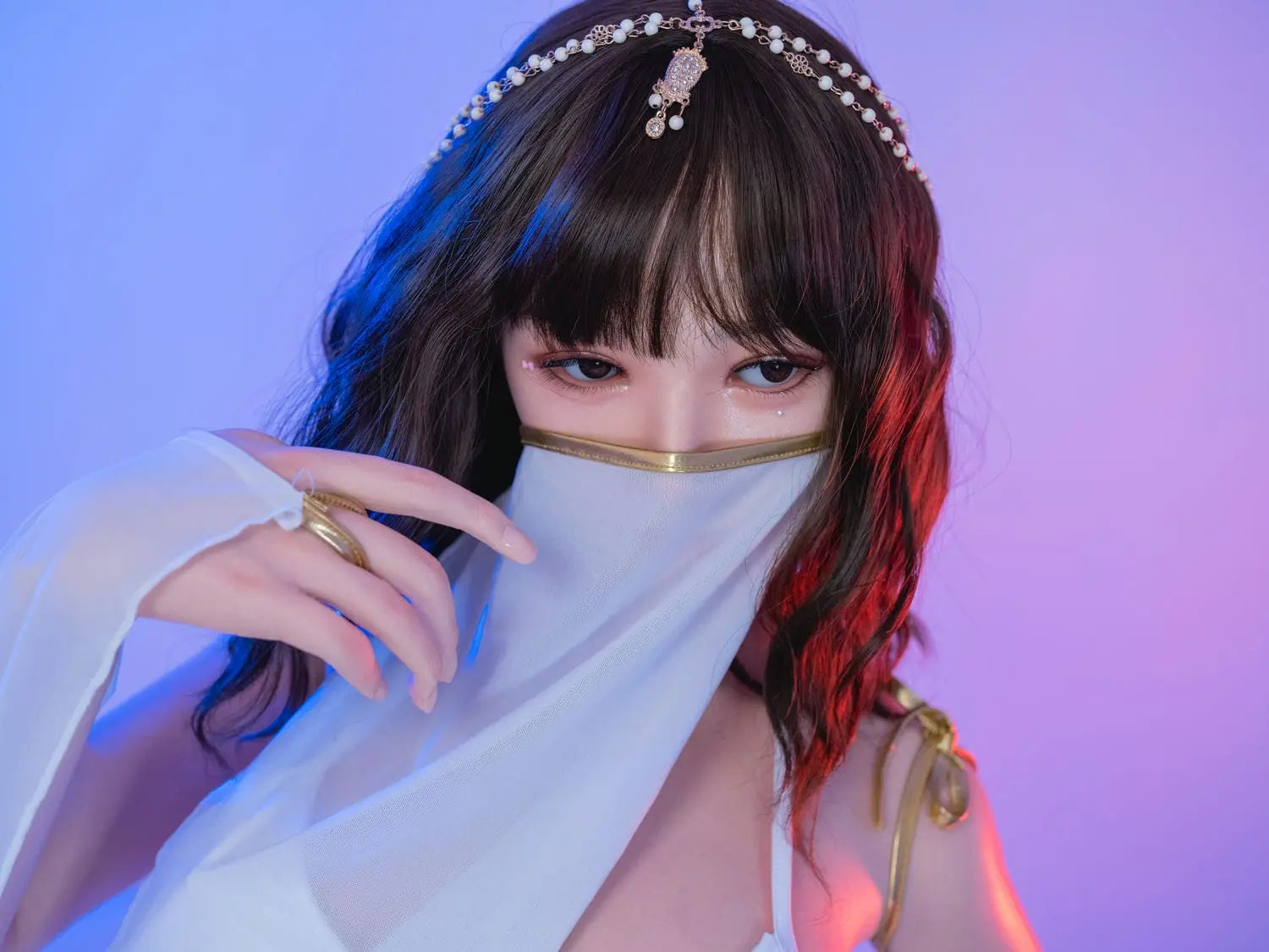 Allison, black short curly hair, hair jewelry, belly dance costume, purple light scenario, with her veil on, close-up, mysterious vibes, topless, bust shot – oriental belly dance Asian companion sex doll by TopLoveDoll