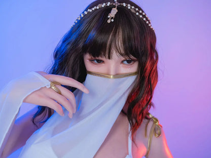 Allison, black short curly hair, hair jewelry, belly dance costume, purple light scenario, with her veil on, close-up, mysterious vibes, topless, bust shot – oriental belly dance Asian companion sex doll by TopLoveDoll